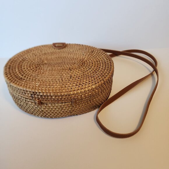 Woven Rattan Round Crossbody Bag With Leather Strap & Floral Lining - Picture 11 of 11